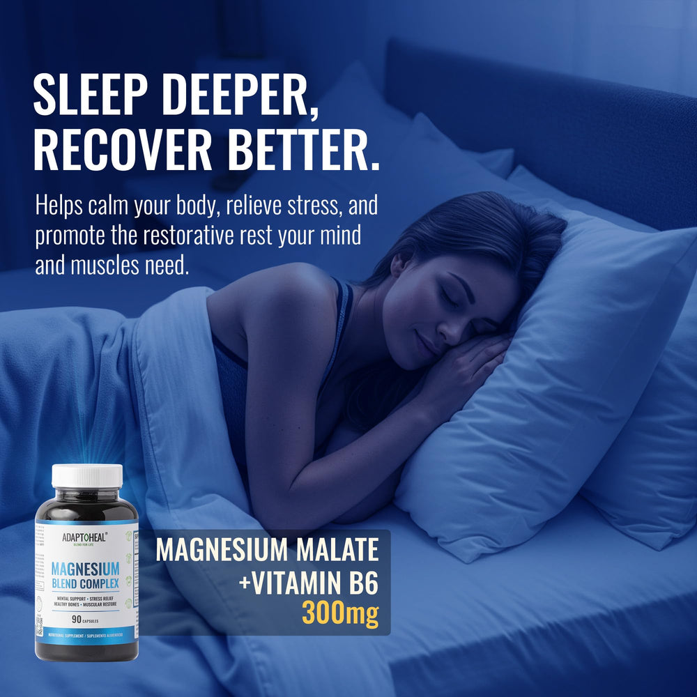 Adaptoheal label close-up displaying magnesium glycinate malate citrate and B6.