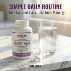 ADAPTOHEAL NeuroHeal bottle beside glass promotes daily routine.