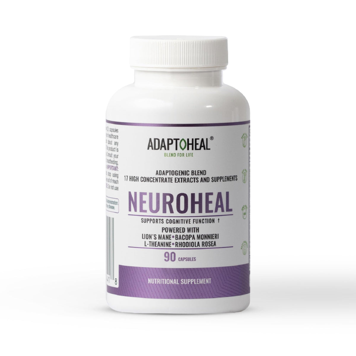ADAPTOHEAL NeuroHeal bottle front view highlighting premium nootropic formula for daily focus