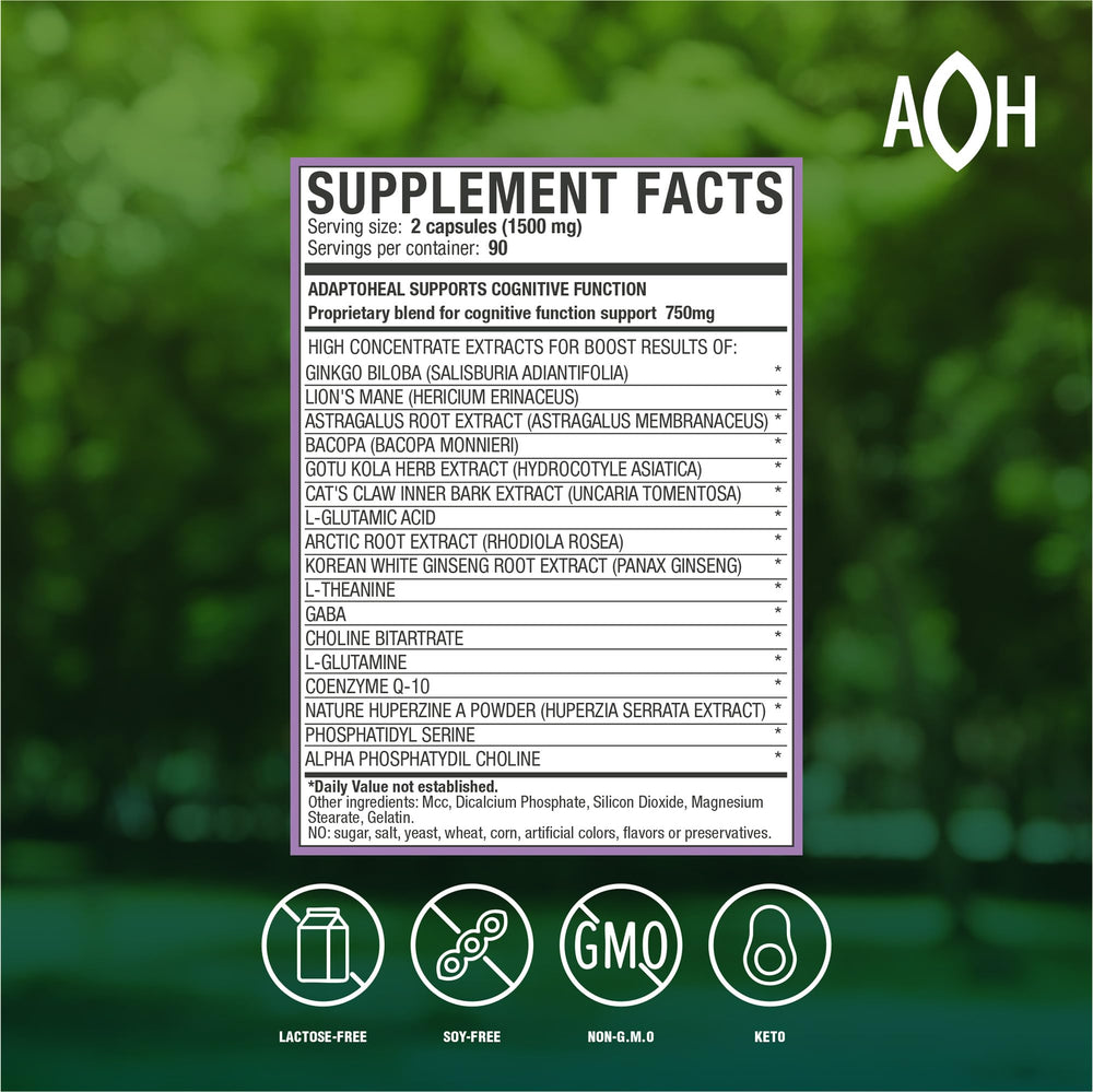 ADAPTOHEAL NeuroHeal bottle pour shows an easy two-capsule daily serving for concentration