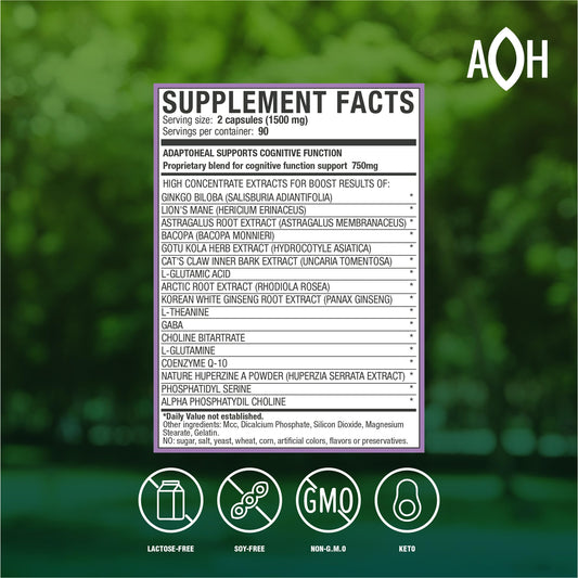 ADAPTOHEAL NeuroHeal capsules closeup highlights cognitive support formula.