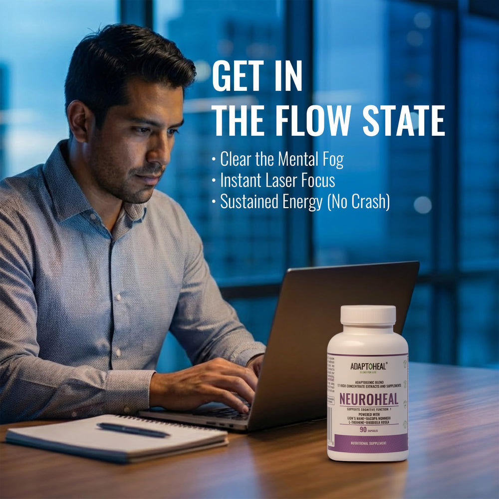 ADAPTOHEAL NeuroHeal label detail showcases clean, GMP-friendly production and purity