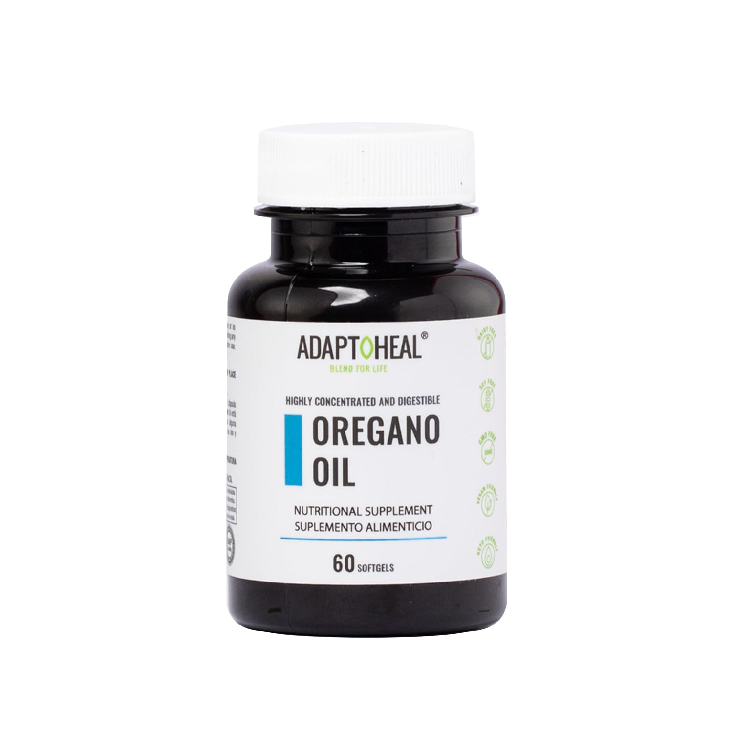 ADAPTOHEAL Oil of Oregano softgels bottle highlights a plant-based immune support blend.