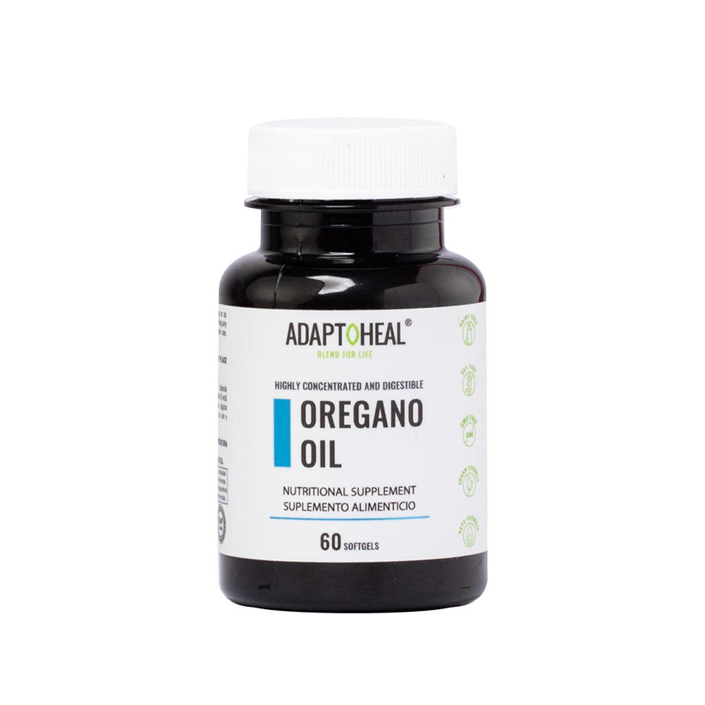 ADAPTOHEAL Oil of Oregano softgels bottle highlights a plant-based immune support blend.