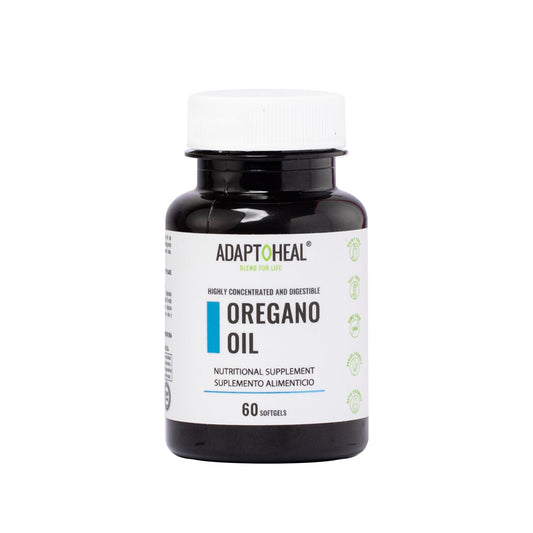 ADAPTOHEAL Oil of Oregano softgels bottle highlights a plant-based immune support blend.
