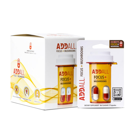 Addall Focus + Mushrooms bottle front for clearer focus and steady energy.