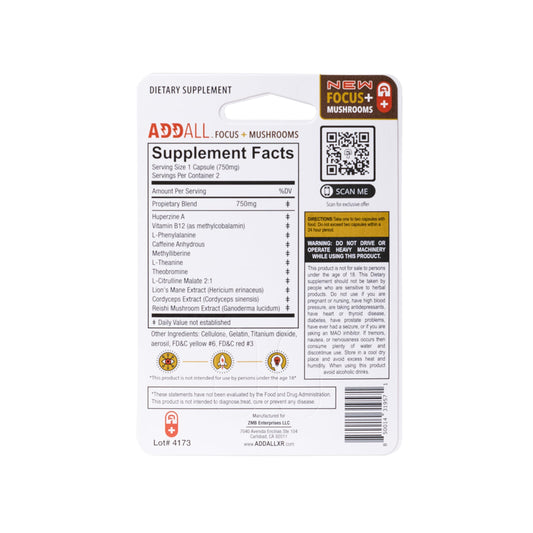 Addall Focus + Mushrooms capsules close-up supporting mental clarity during study.