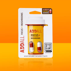 Addall Focus + Mushrooms packaging box highlights 12-pack convenience.