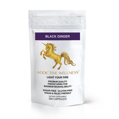 Addictive Wellness Black Ginger Capsules bottle for daily energy support during workouts.