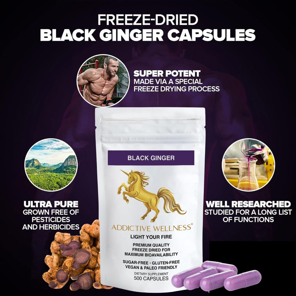 Addictive Wellness Black Ginger Capsules pour captures easy dosing for active lifestyles.