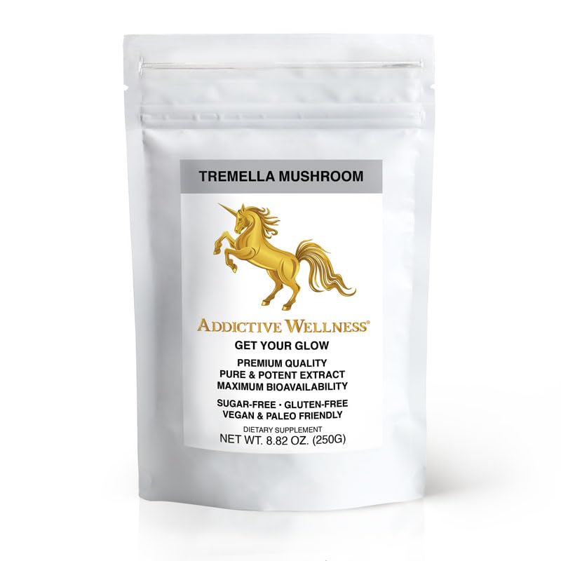 Addictive Wellness Tremella powder bottle shows wood-grown purity, ideal for smoothies and elixirs.