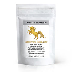 Addictive Wellness Tremella powder bottle shows wood-grown purity, ideal for smoothies and elixirs.