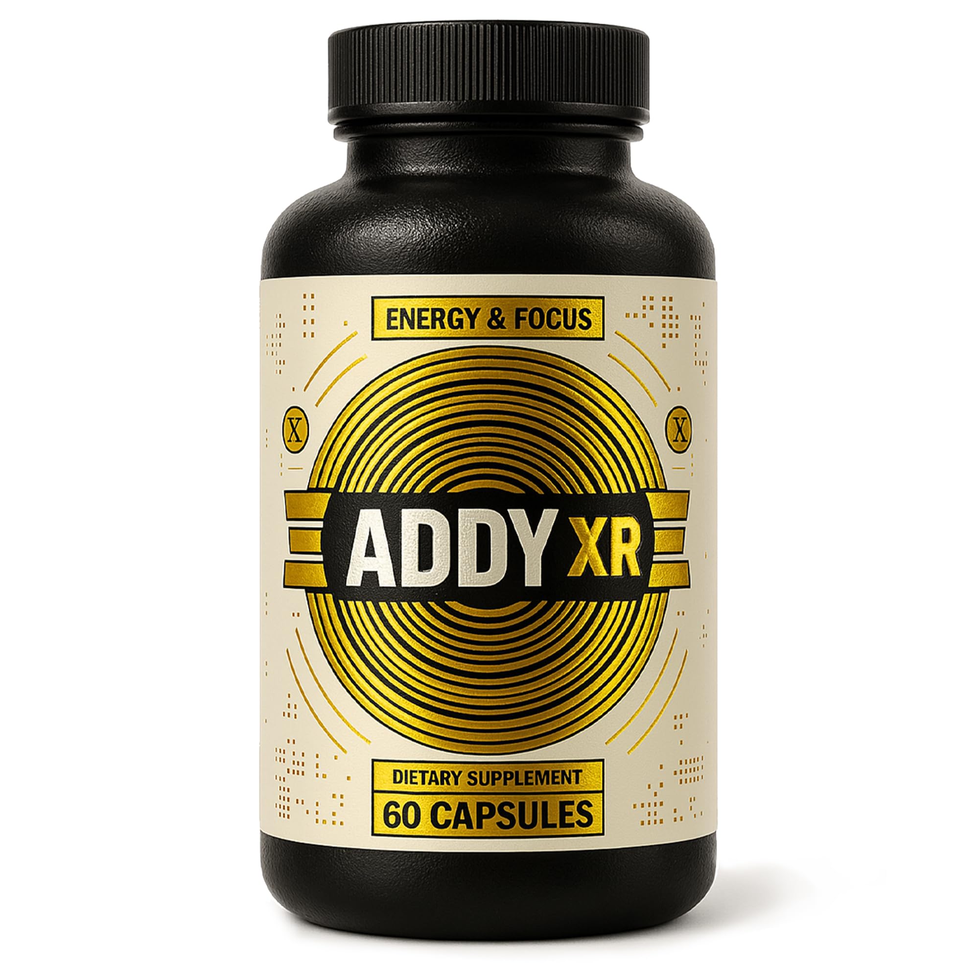 ADDY XR bottle front view on premium packaging for focused energy.