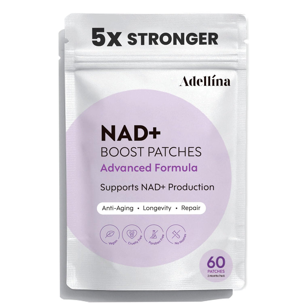 Adellina NAD+ Patches front packaging showing the 60-count two-month supply