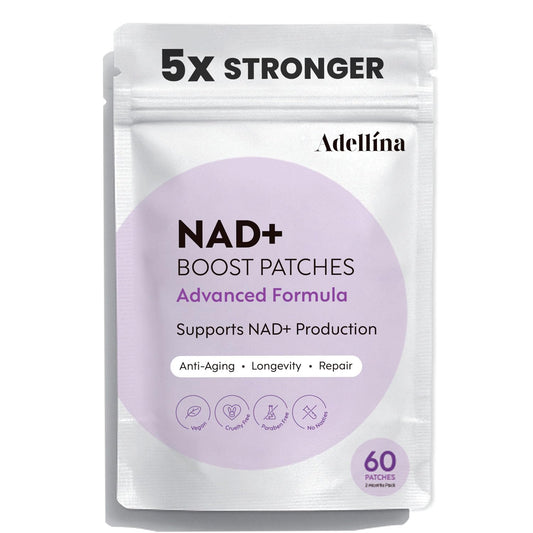 Adellina NAD+ Patches front packaging showing the 60-count two-month supply
