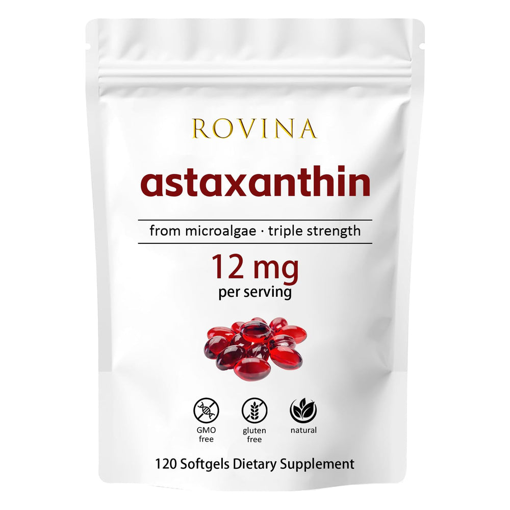 Adjustable Rovina Astaxanthin bottle with 120 softgels for daily antioxidant support.
