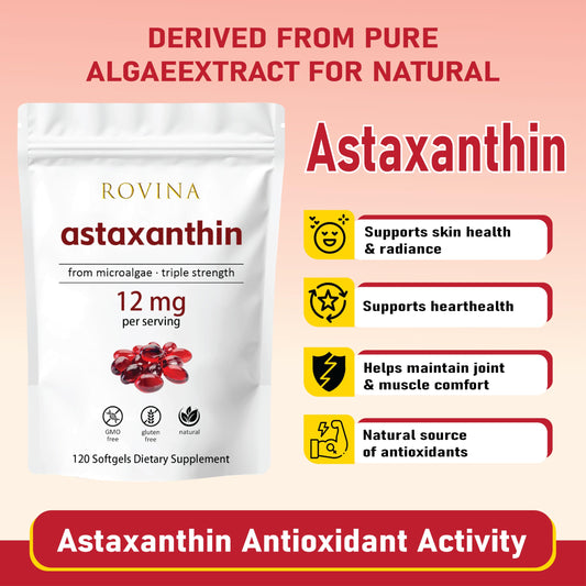 Close-up of Rovina Astaxanthin softgels highlighting premium natural source for daily vitality.