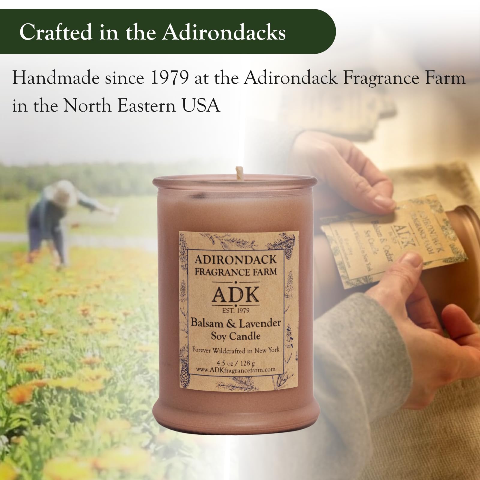 ADK Balsam and Lavender Candle proudly made in the USA