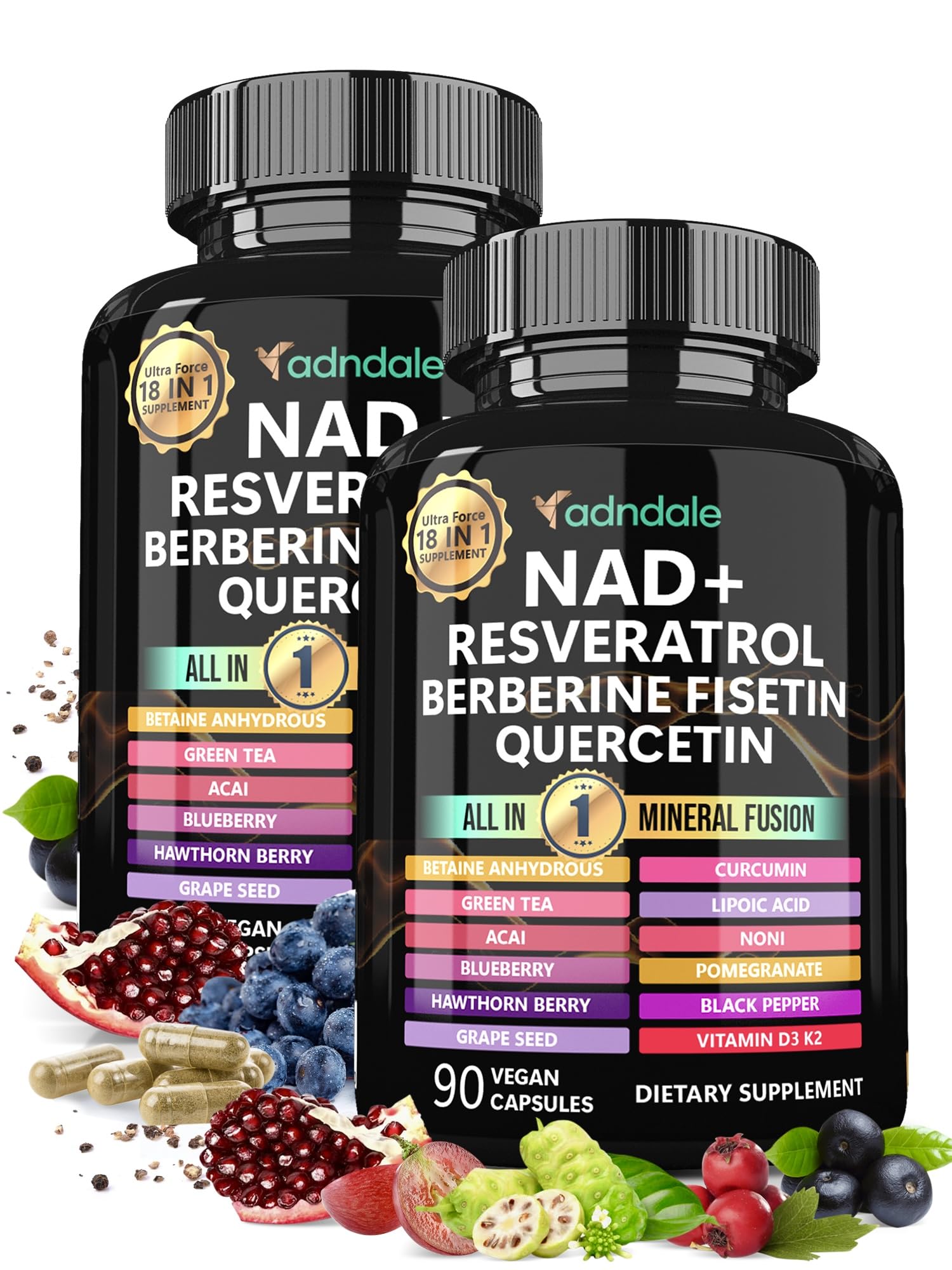 Adndale liposomal NAD bottle close-up highlighting energy support.