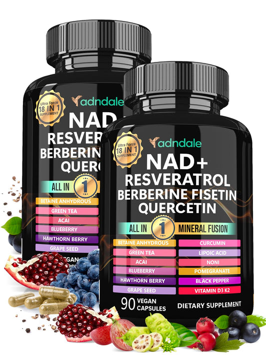 Adndale liposomal NAD bottle close-up highlighting energy support.