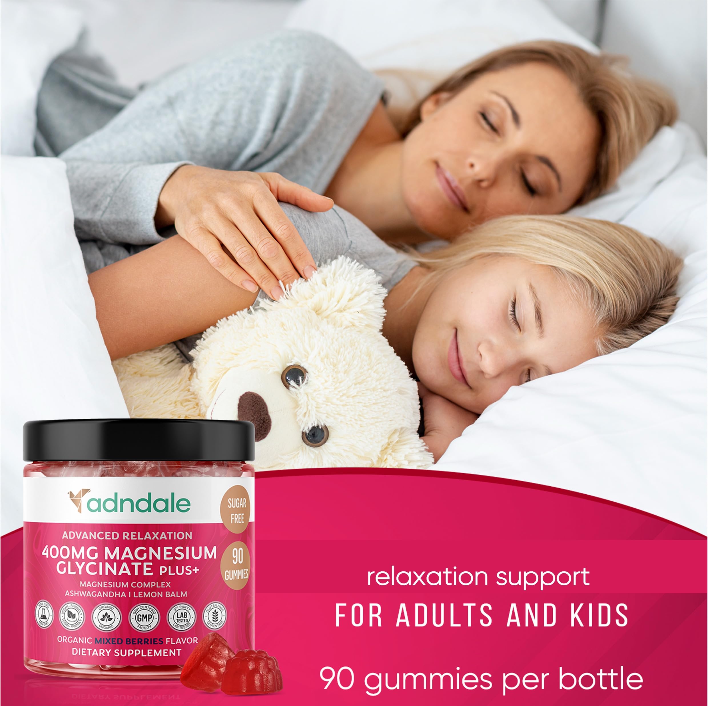 Adndale gummy bottle label highlights the triple magnesium blend and serving size.