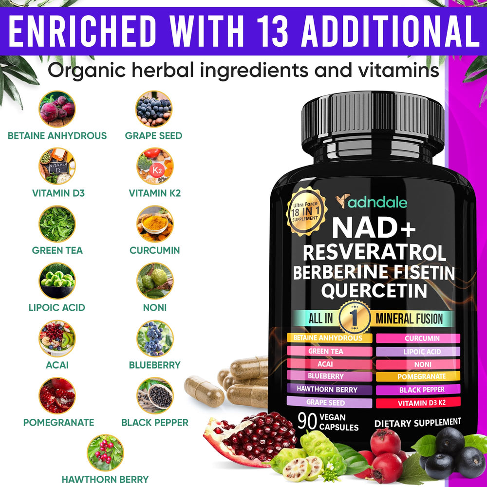 Adndale NAD liposomal capsules on white background for daily vitality.