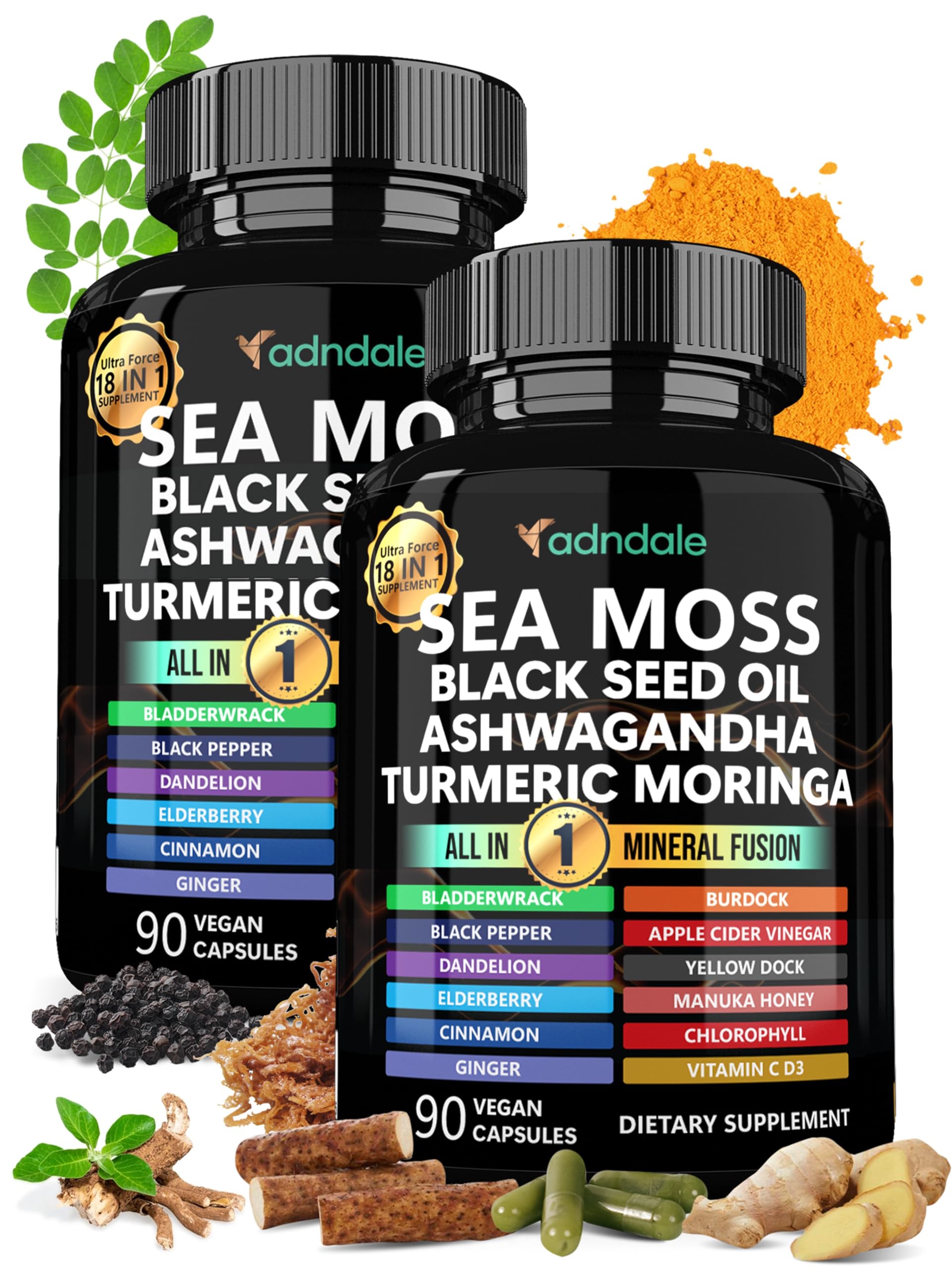 Adndale Sea Moss Capsules bottle with 18-in-1 blend for energy and wellness.