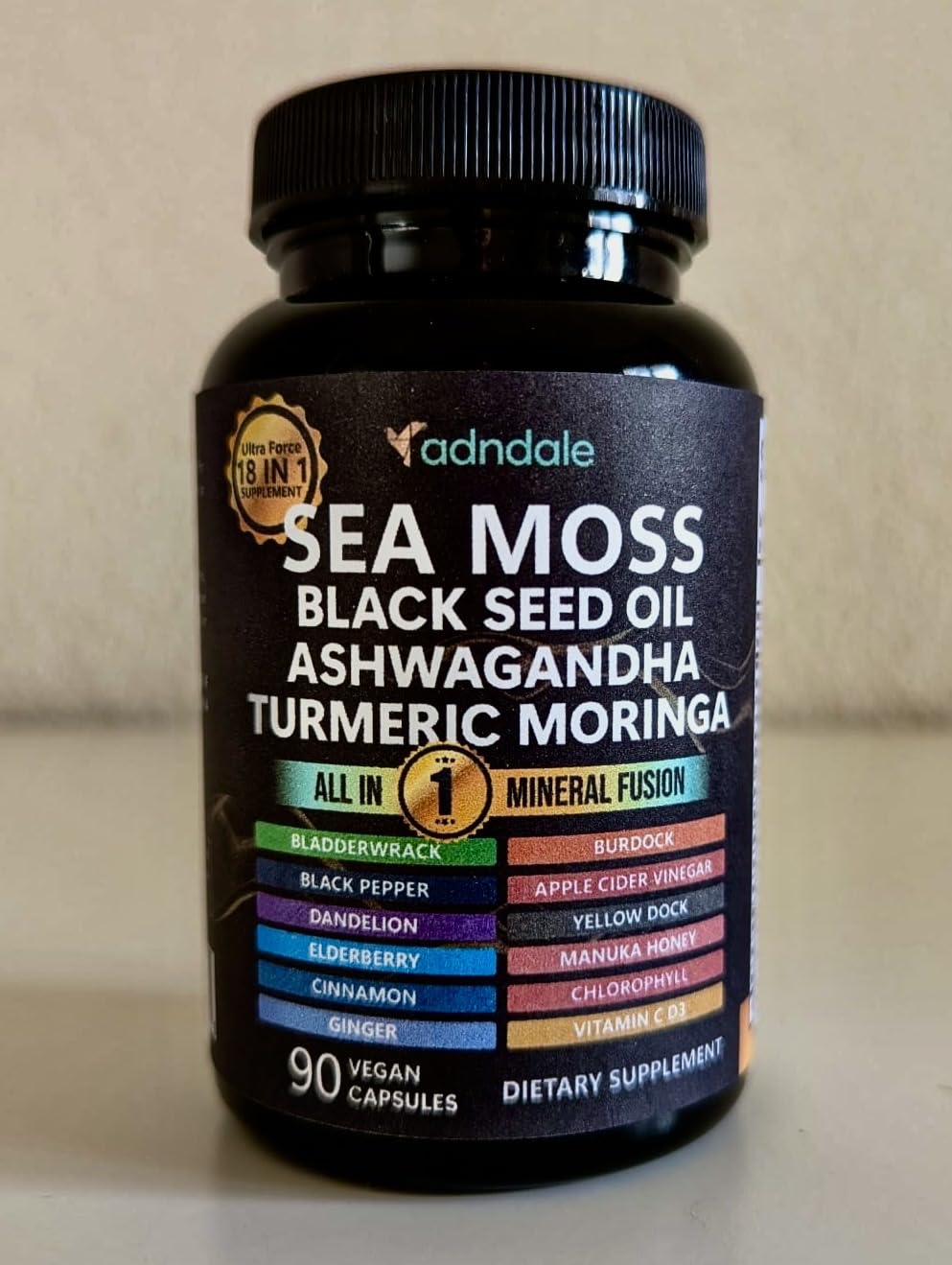 Adndale Sea Moss Capsules close-up on vegan, gelatin-free capsules.
