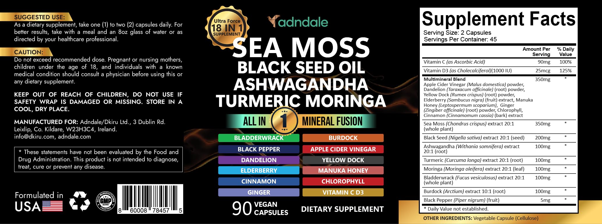 Adndale Sea Moss Capsules ingredients panel highlighting botanicals for daily vitality.