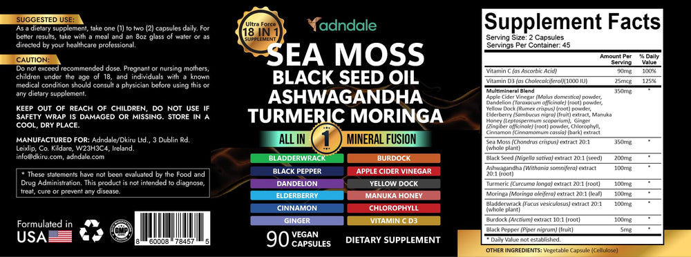 Adndale Sea Moss Capsules ingredients panel highlighting botanicals for daily vitality.