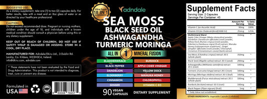 Adndale Sea Moss Capsules ingredients panel highlighting botanicals for daily vitality.