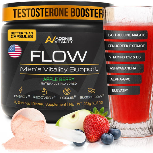 Adonis Vitality Flow: botella que destaca óxido nítrico para mejorar el flujo sanguíneo.