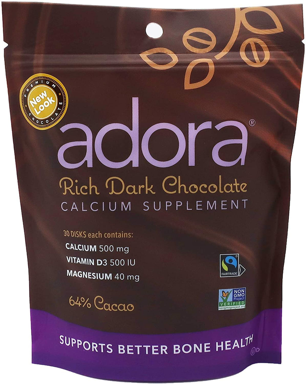 Adora calcium disk in rich dark chocolate close-up, convenient daily supplement.