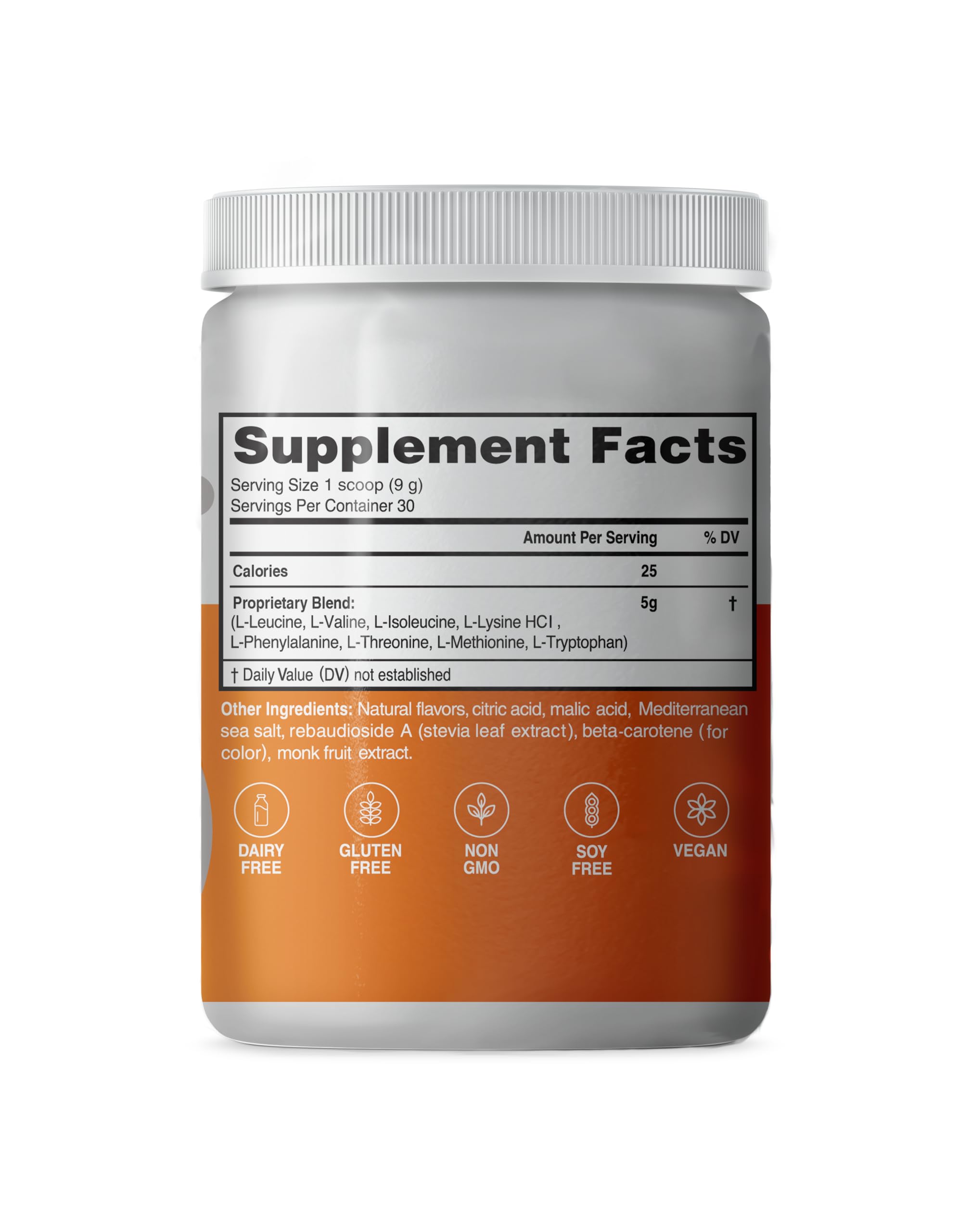 Advanced Amino Powder label closeup highlights vegan and allergen-free formulation
