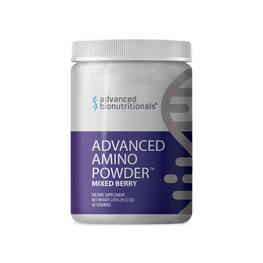 Advanced Amino Powder bottle showing balanced essential amino acids for recovery.
