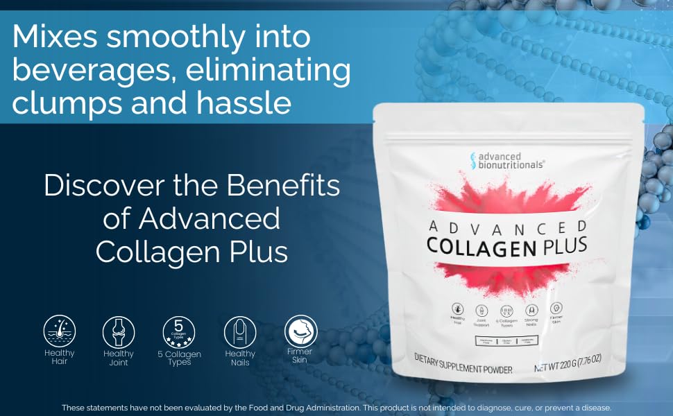 Advanced Bionutritionals Collagen Plus shown in coffee routine for daily intake.