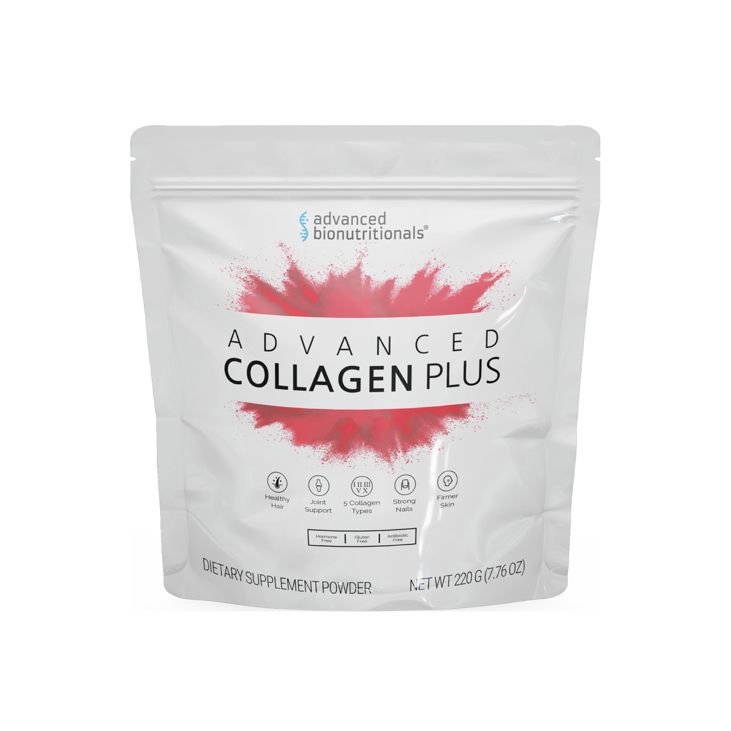 Advanced Bionutritionals Collagen Plus tub with scoop for easy mixing into drinks.