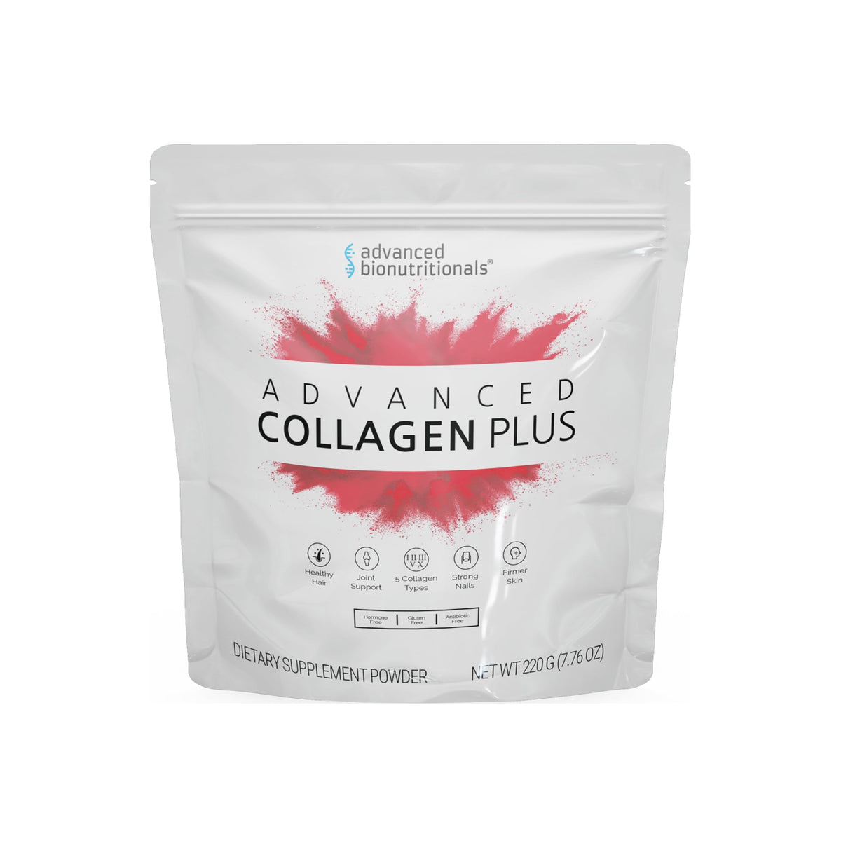 Advanced Bionutritionals Collagen Plus tub with scoop for easy mixing into drinks.