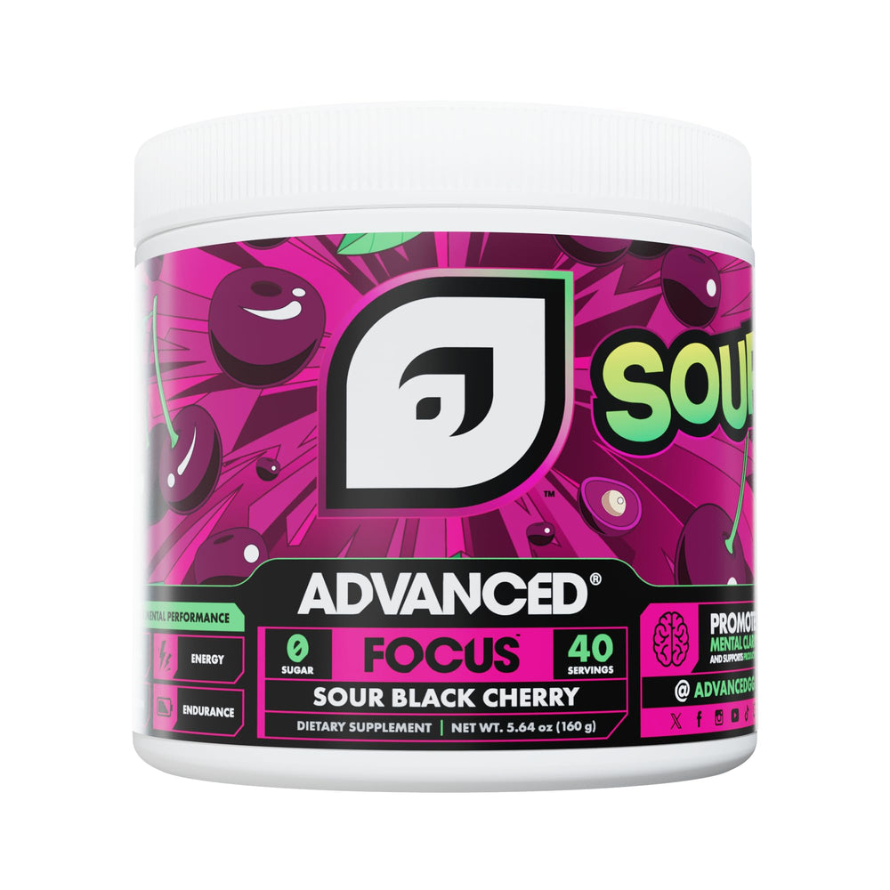 Advanced Focus Sour Black Cherry bottle pour highlights sustained focus for esports sessions.