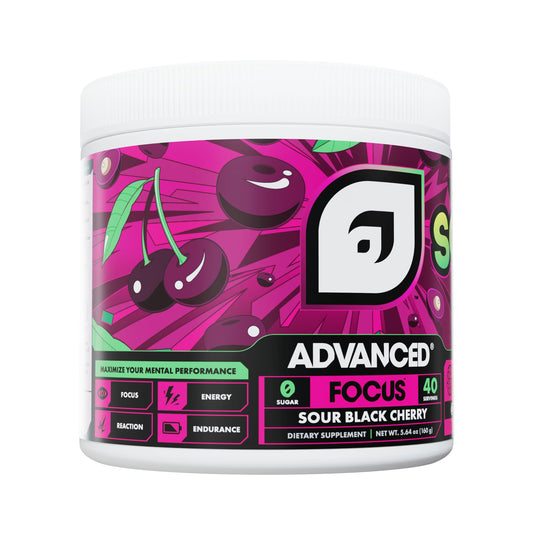 Advanced Focus Sour Black Cherry packaging front showcases crisp branding and quick-reference servings.