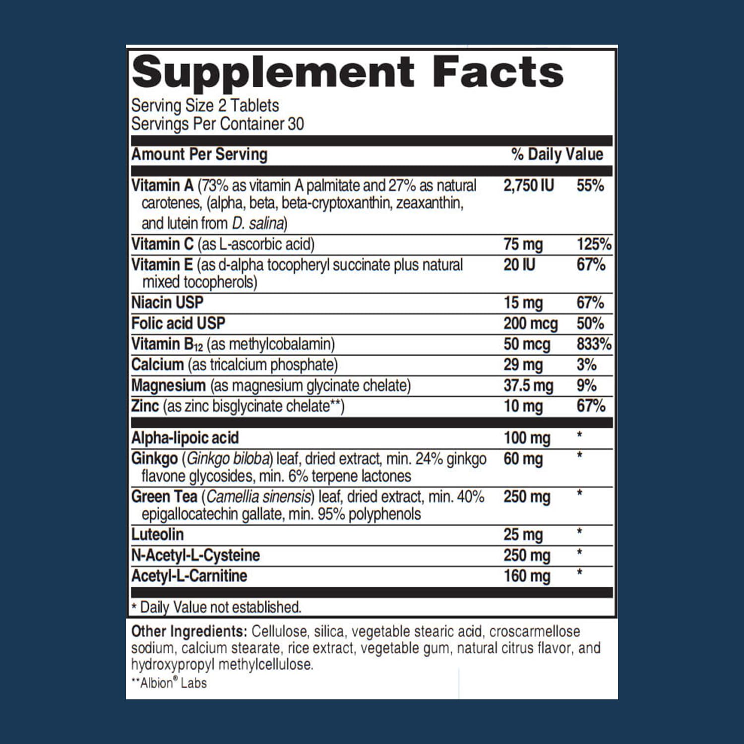 Advanced Hearing Formula bottle side view highlights vegan, gluten-free supplement.