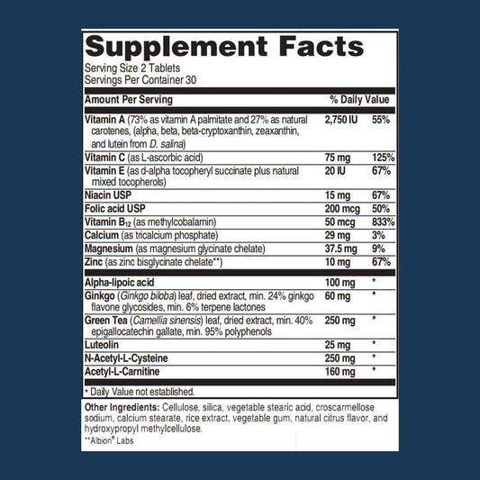 Advanced Hearing Formula bottle side view highlights vegan, gluten-free supplement.