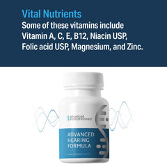 Advanced Hearing Formula tablets close-up showing compact, easy-to-swallow supplement.