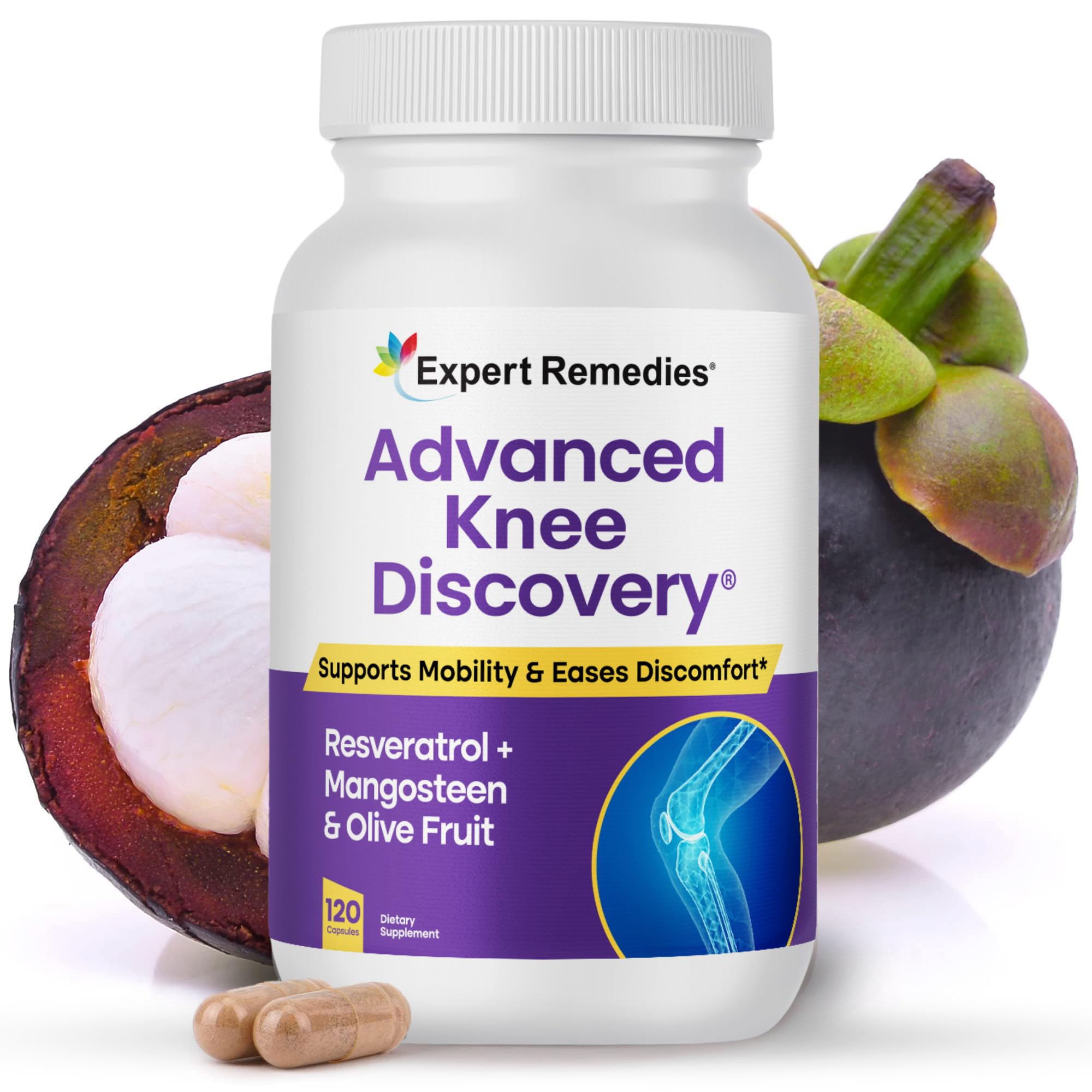 Advanced Knee Discovery bottle label highlighting joint support blend for daily mobility