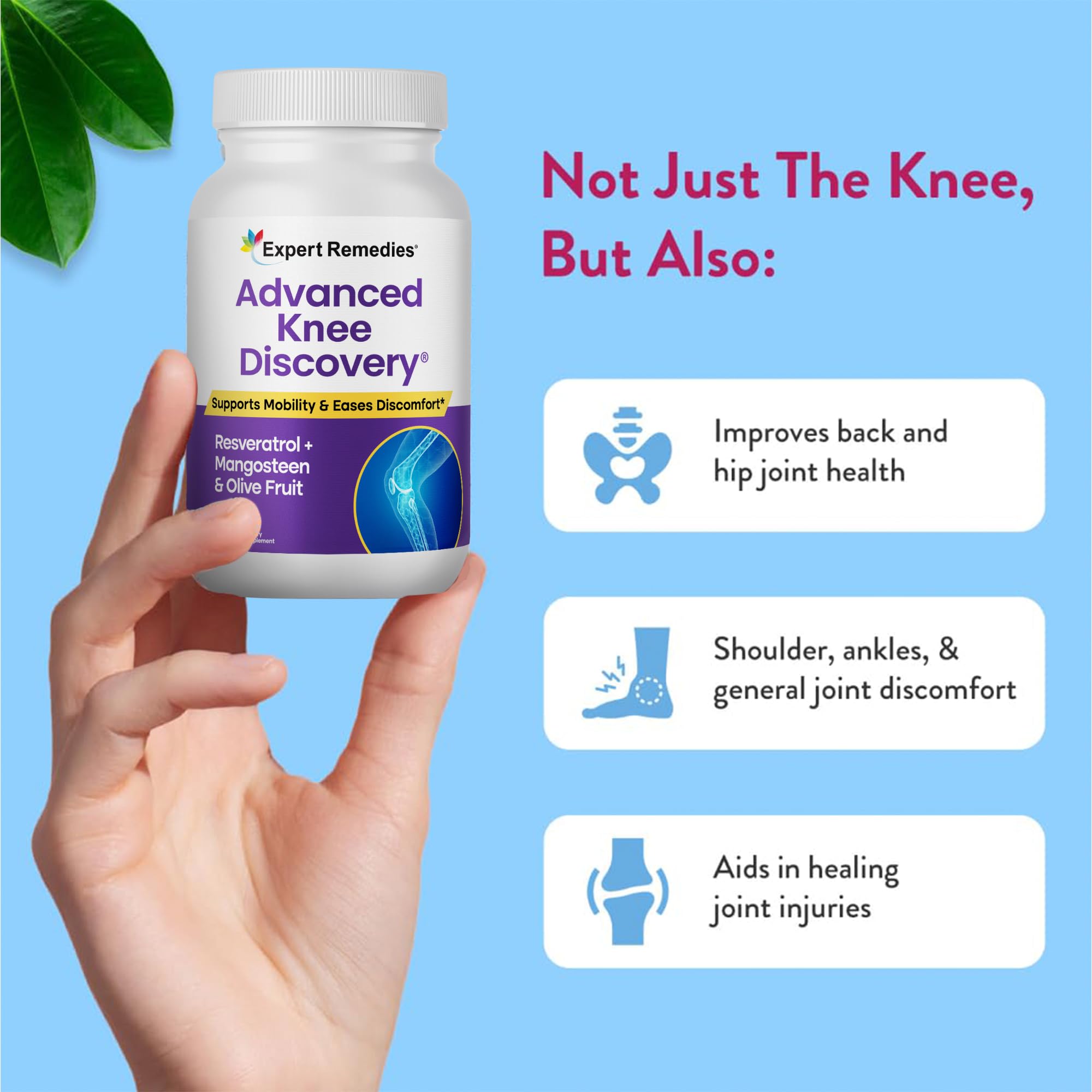 Advanced Knee Discovery bottle pour emphasizes quick relief after activity