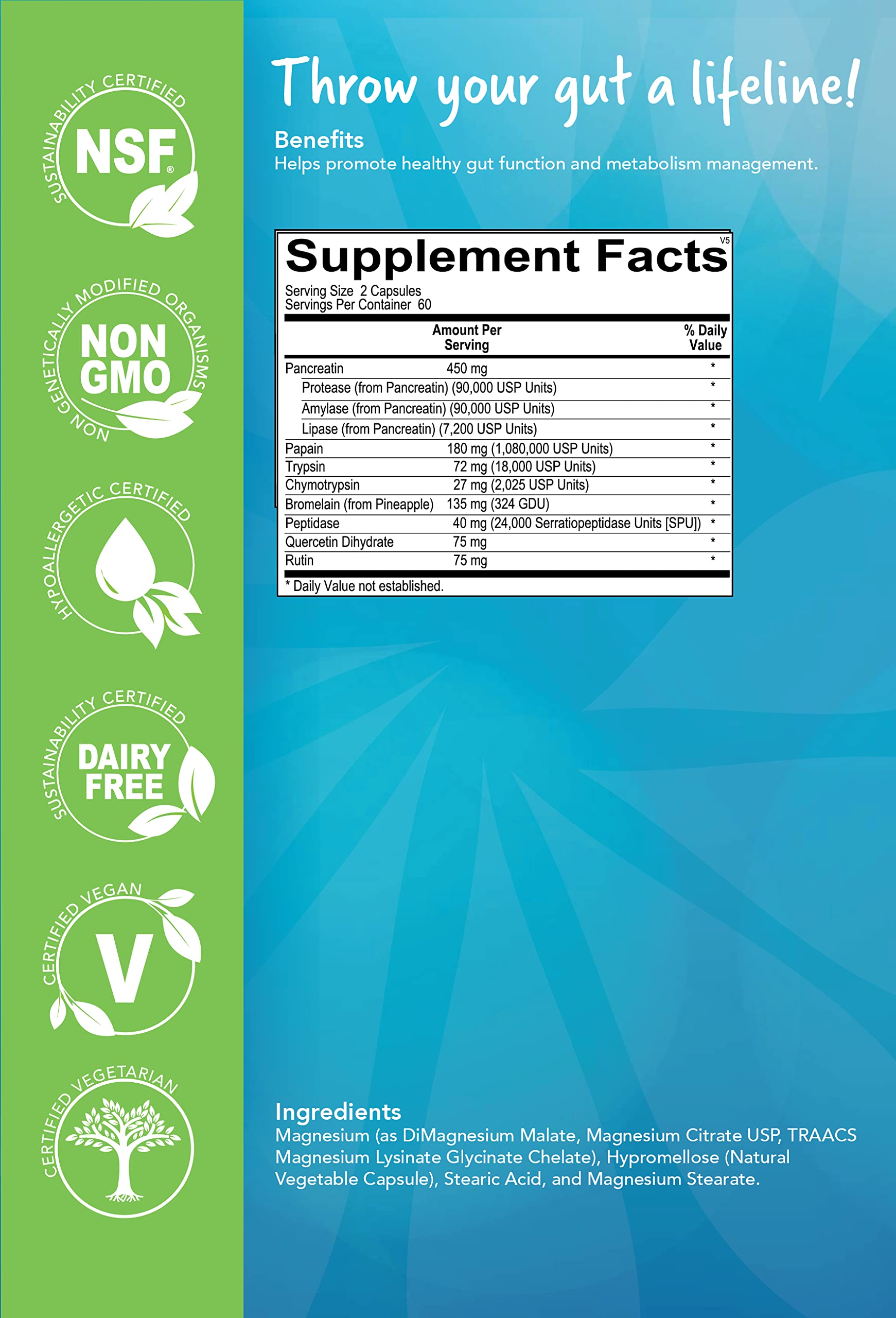 Close-up of Q Restore React Mg bottle label for informed use