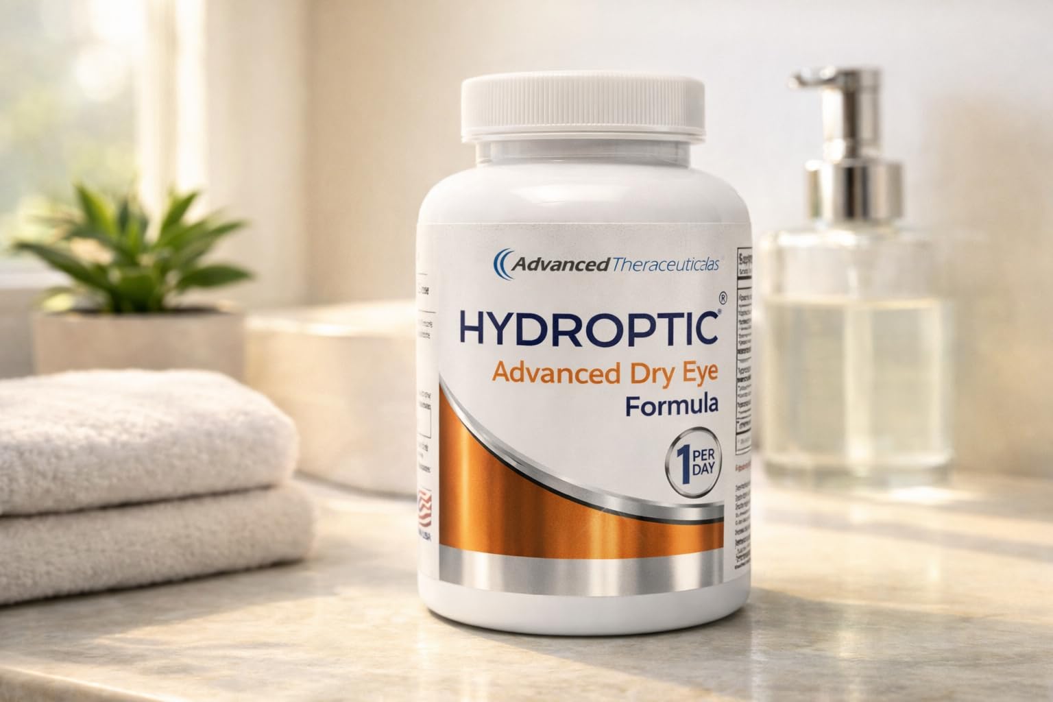 Advanced Theraceuticals Hydroptic bottle label close-up highlighting astaxanthin and omega-3 nutrients.