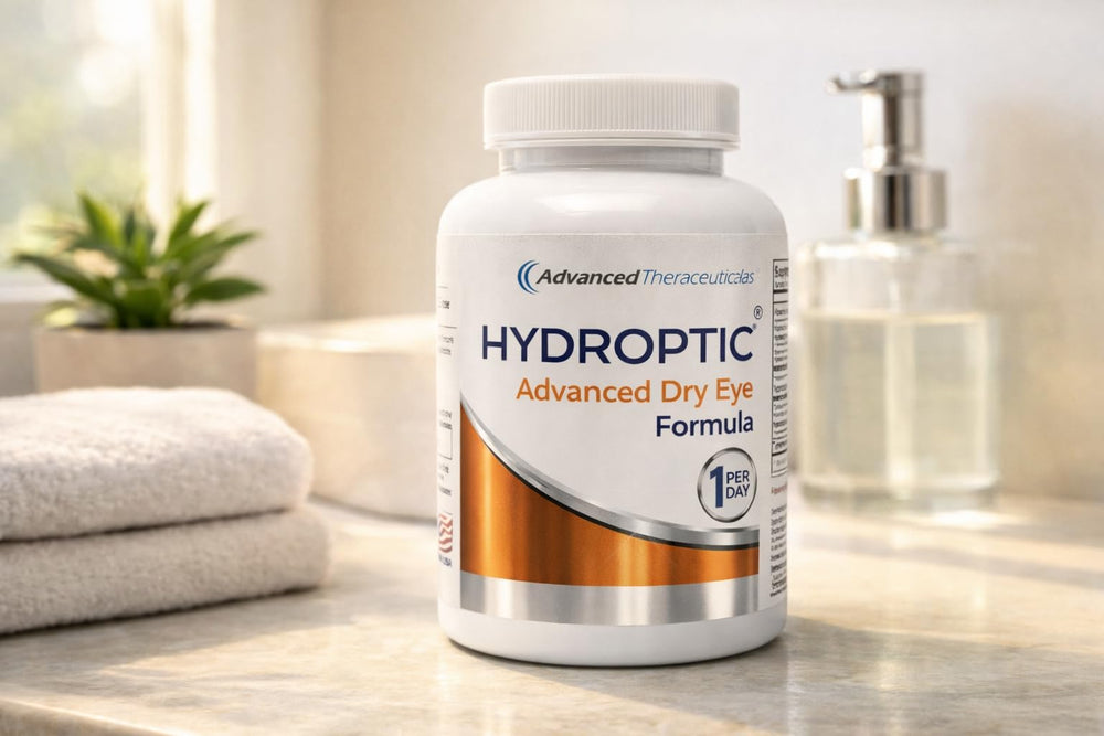 Advanced Theraceuticals Hydroptic bottle label close-up highlighting astaxanthin and omega-3 nutrients.
