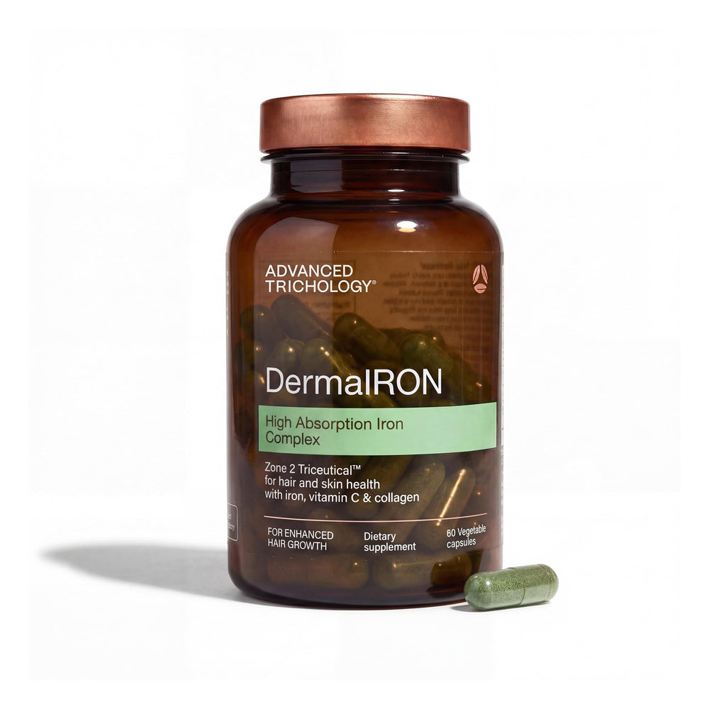 DermaIRON bottle closeup highlighting gentle iron for hair support