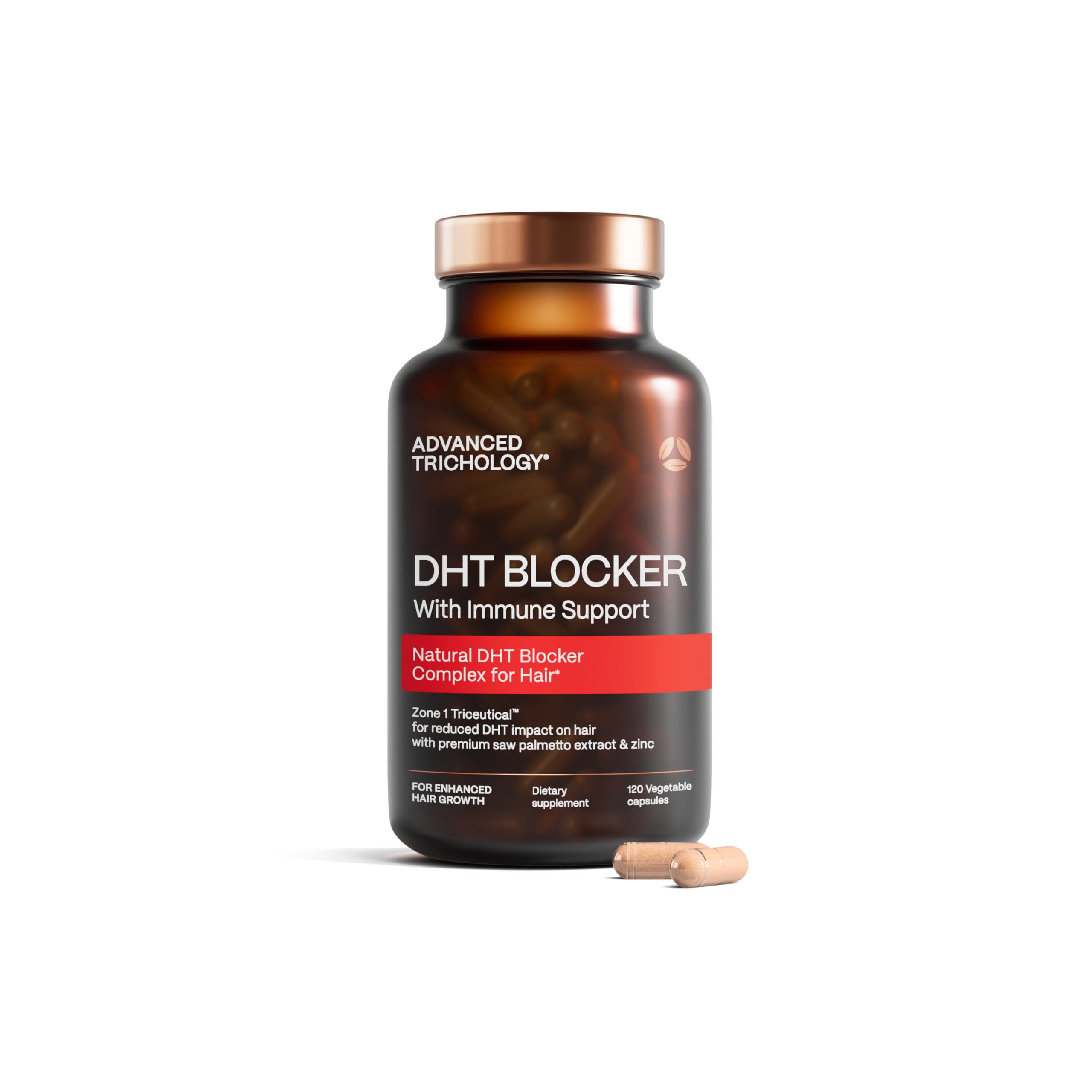 Advanced Trichology DHT Blocker bottle on a clean surface potentially supports healthier hair
